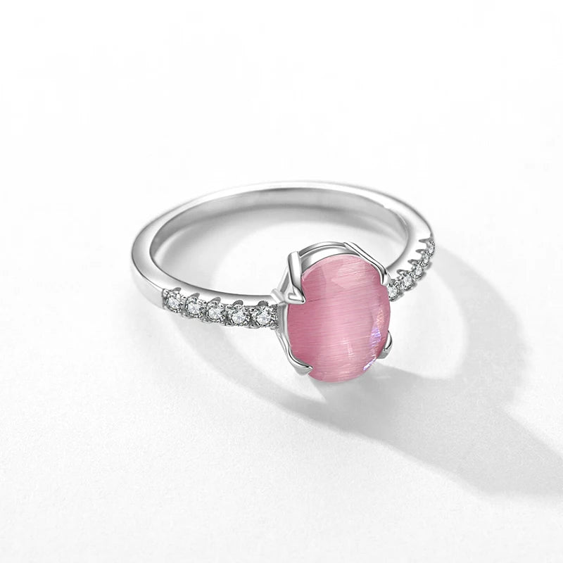 Genuine 925 Sterling Silver Fashion Romantic Oval Pink Opal Finger Ring for Women Girls Charm Party Fine Jewelry Gifts