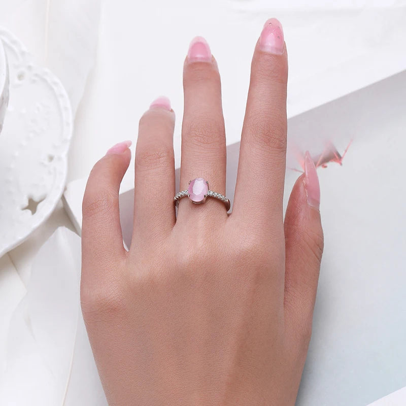 Genuine 925 Sterling Silver Fashion Romantic Oval Pink Opal Finger Ring for Women Girls Charm Party Fine Jewelry Gifts