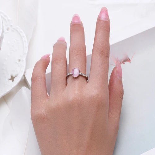 Genuine 925 Sterling Silver Fashion Romantic Oval Pink Opal Finger Ring for Women Girls Charm Party Fine Jewelry Gifts