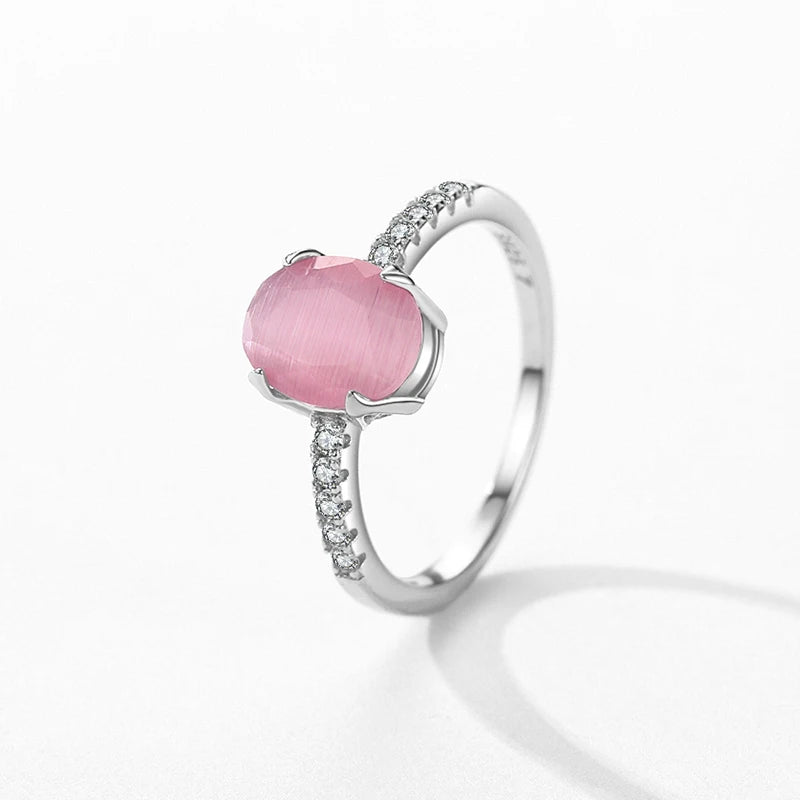 Genuine 925 Sterling Silver Fashion Romantic Oval Pink Opal Finger Ring for Women Girls Charm Party Fine Jewelry Gifts